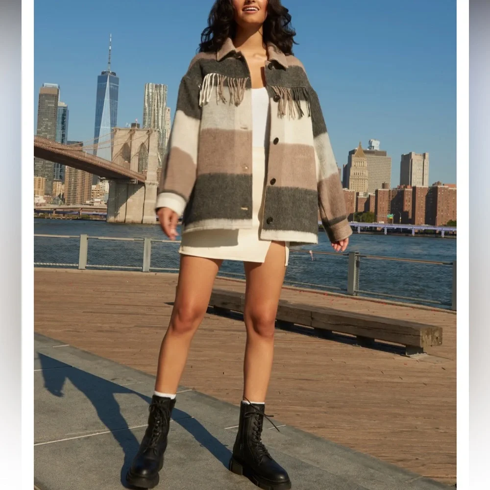 Vero Moda Fringe Striped Plaid Shacket Overcoat Oversized - Picture 2 of 6